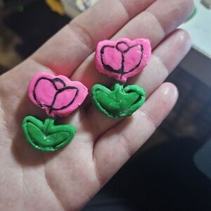 Pink and Green Flower Earrings